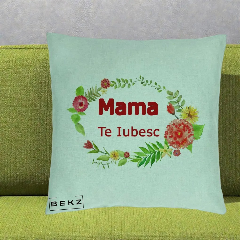 Cadou pentru Mama - Perna Personalizata Mama Te Iubesc Flori Rosii, 40x40 cm, Verde Menta, Husa Detasabila, Perna Inclusa, BEKZ®