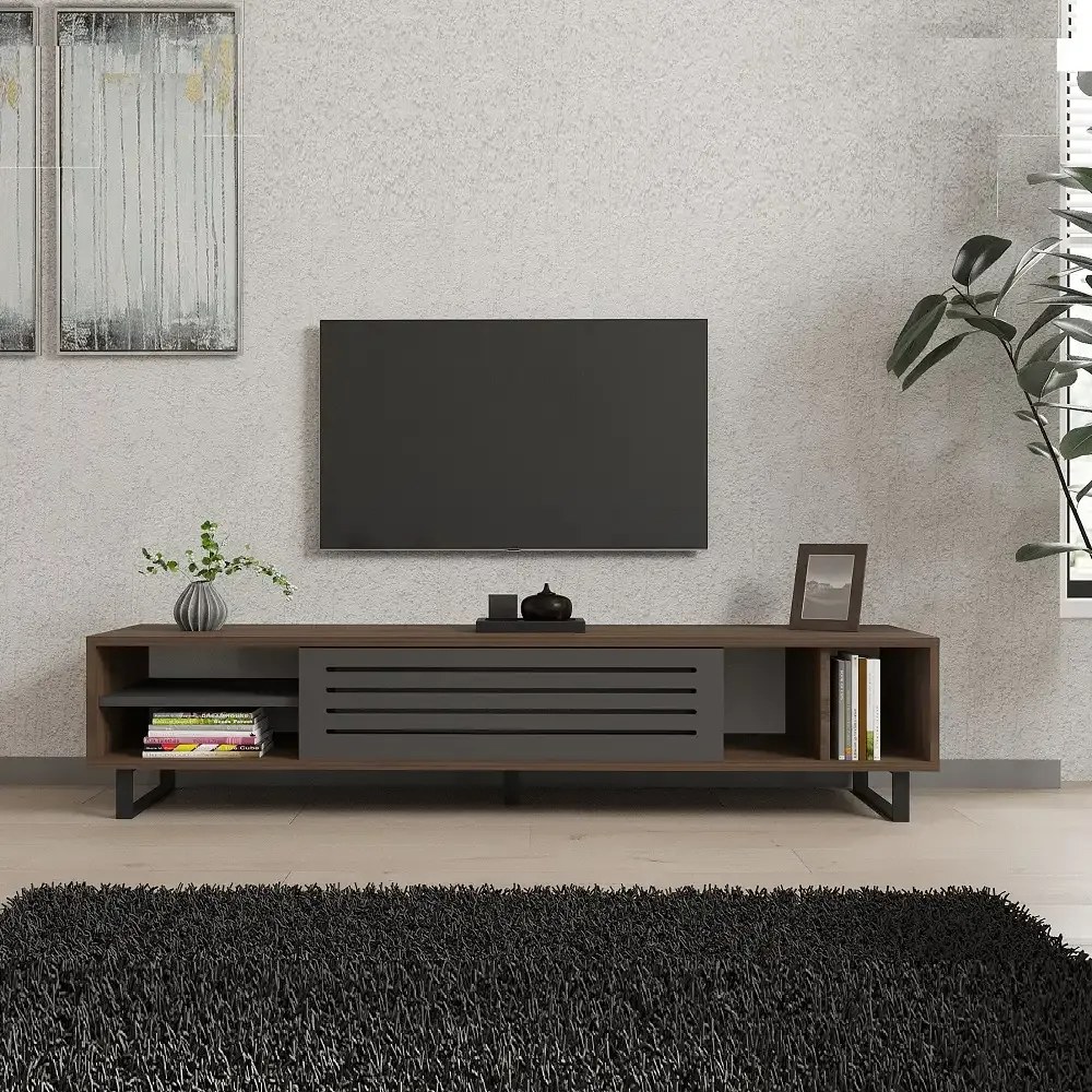 Comoda tv Maira pentru living culoare nuc si antracit 160 cm