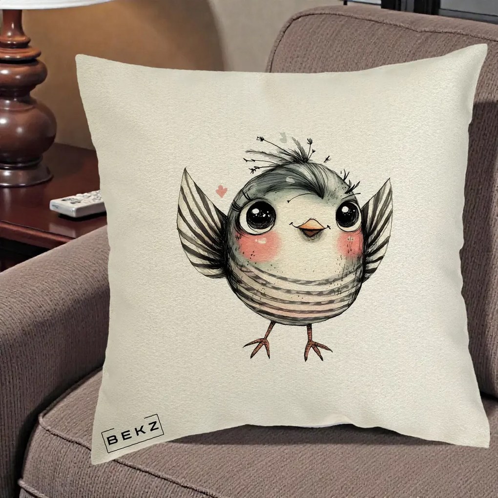 Perna Decorativa Pasare Gri cu Aripi si Inimioare, 40x40 cm, Ecru, Husa Detasabila, Perna Inclusa, BEKZ®