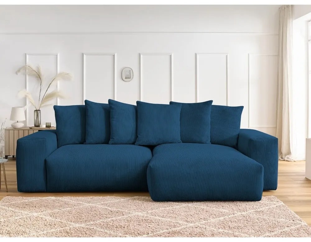 Colțar albastru extensibil/cu spațiu de depozitare cu tapițerie din catifea reiată Voltaire – Bobochic Paris