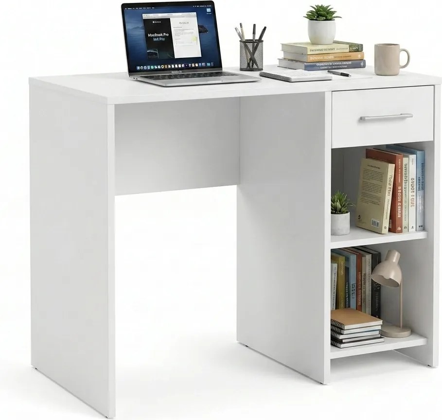 Birou Modern Adore Concept cu Sertar și 2 Rafturi, Alb - Maro - Stejar - Antracit, 90x52x75 cm