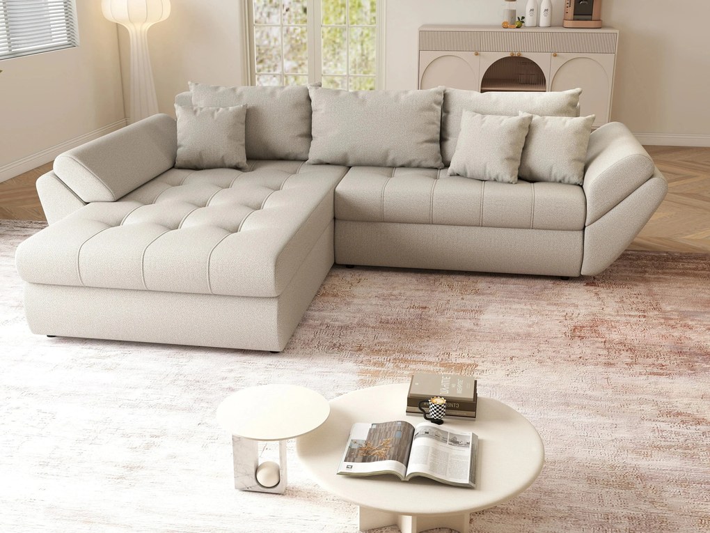 Colțar extensibil dumonde cu ladă de depozitare si sezut confortabil din spuma high-density, Loana Enjoy Bej 270x185 cm