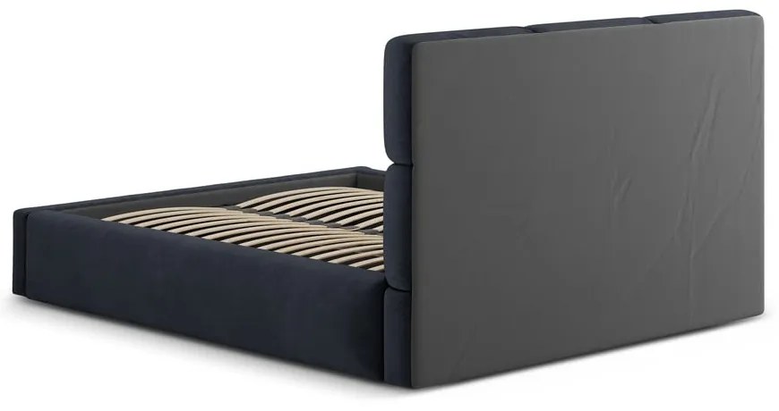 Pat matrimonial albastru închis tapițat cu spațiu de depozitare cu somieră 200x200 cm Libera – Windsor &amp; Co Sofas