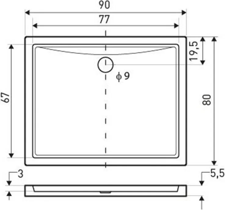 Cădiță de duș pătrată universală Oskar, 90x80x5,5 cm, design jos