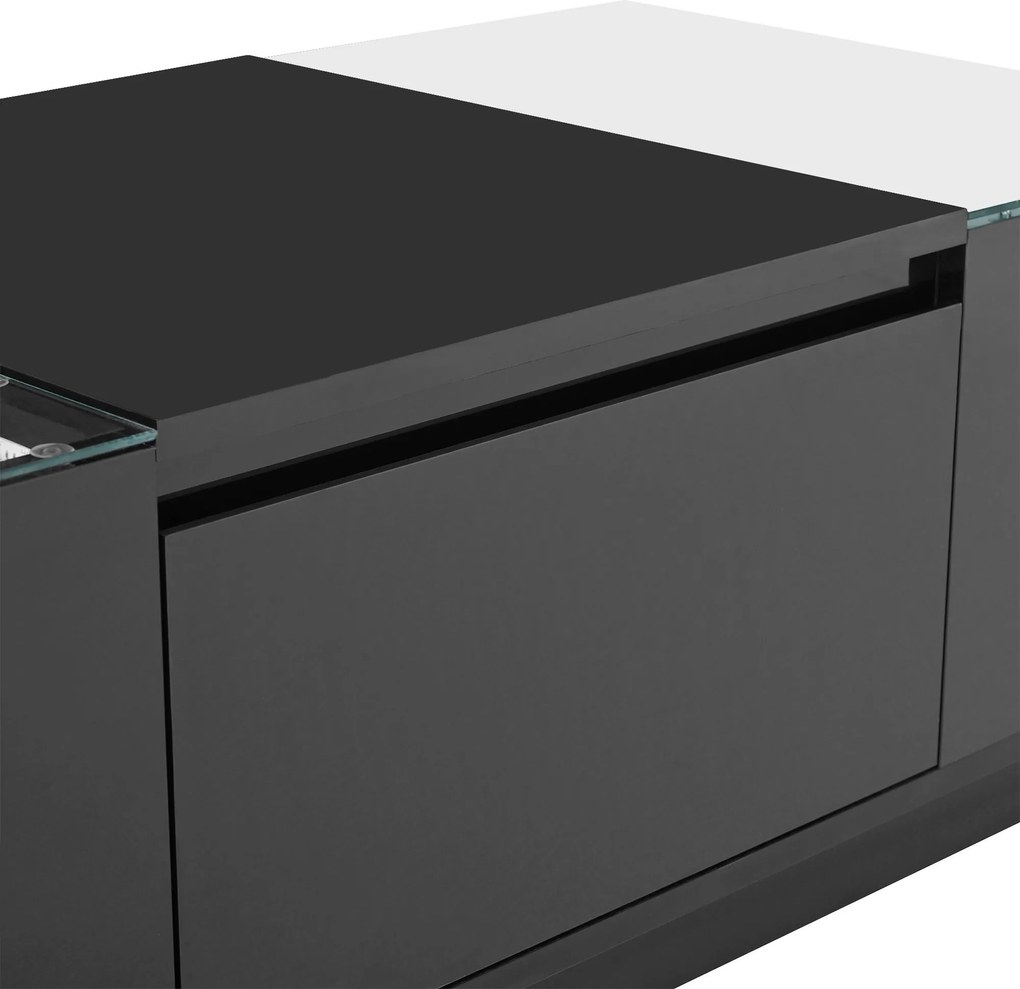 Masă de cafea cu spațiu de depozitare, iluminare ambientală LED, blat din sticlă și 2 sertare, 105x50x35 cm, Negru