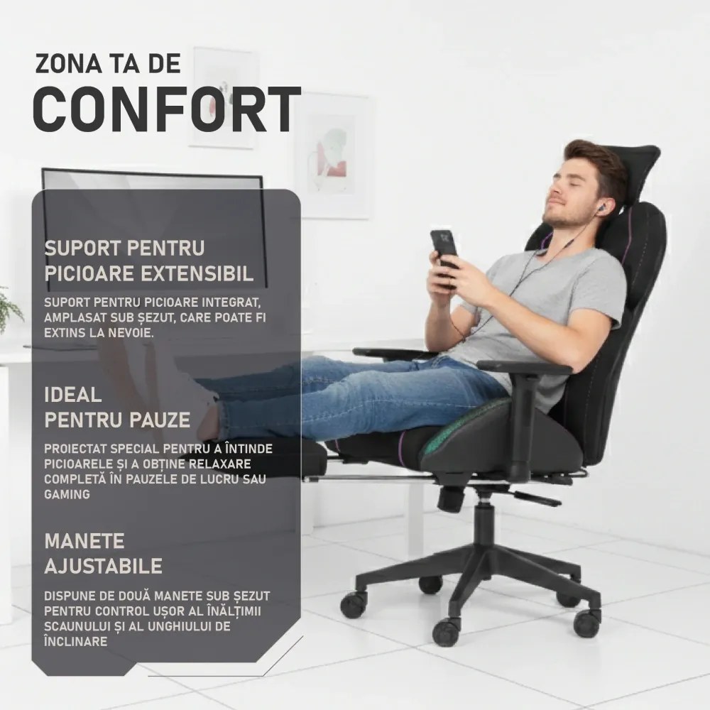 LUMINA X-Motion Pro – Scaun Gaming & Office Premium cu LED RGB și Suport pentru Picioare – Confort Inteligent și Design Spectaculos, Textil, Negru/Mov