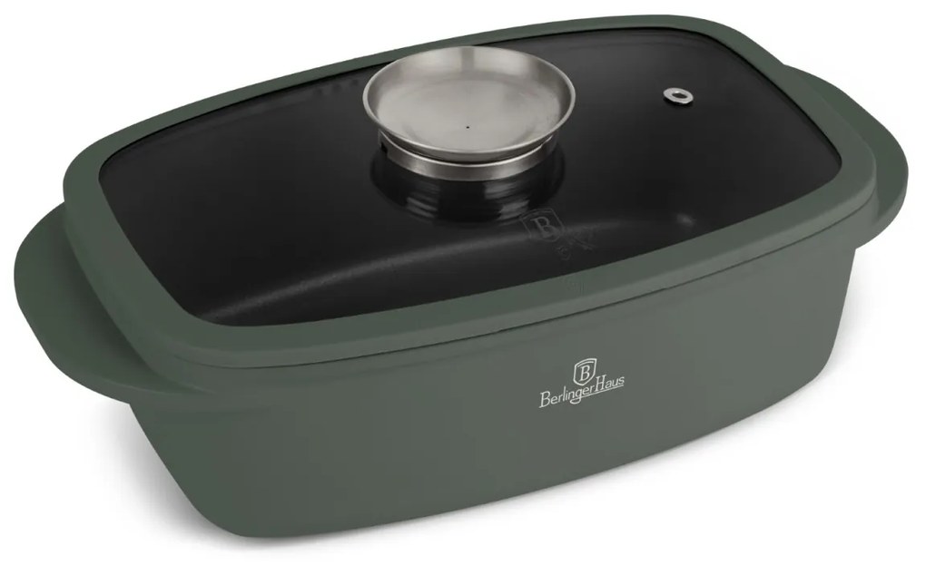 Oală roaster cu capac 32x21 cm, 6L – Berlinger Haus Green Matte Collection BH 8775, verde, antiaderentă, cu strat titan, ideală pentru cuptor și
