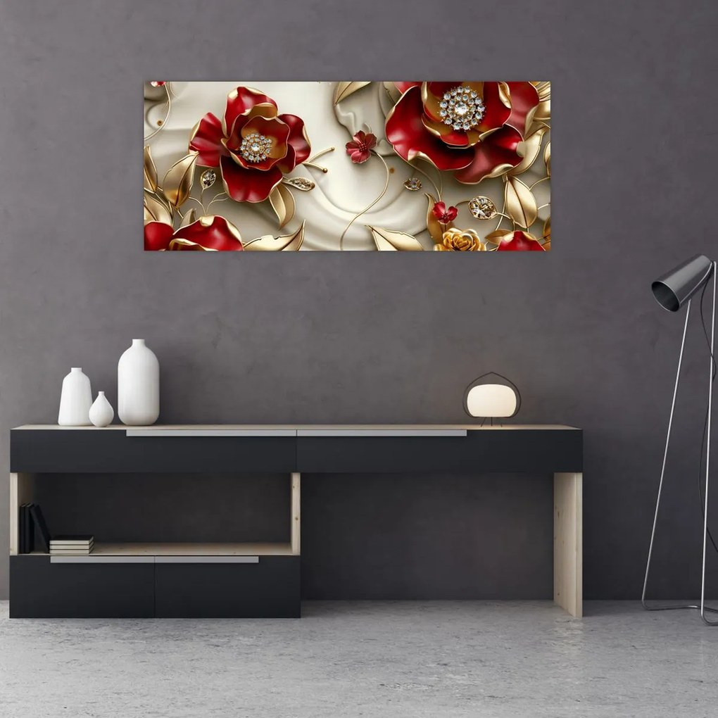 Tablou - Flori 3D Roșu-Auriu (120x50 cm)