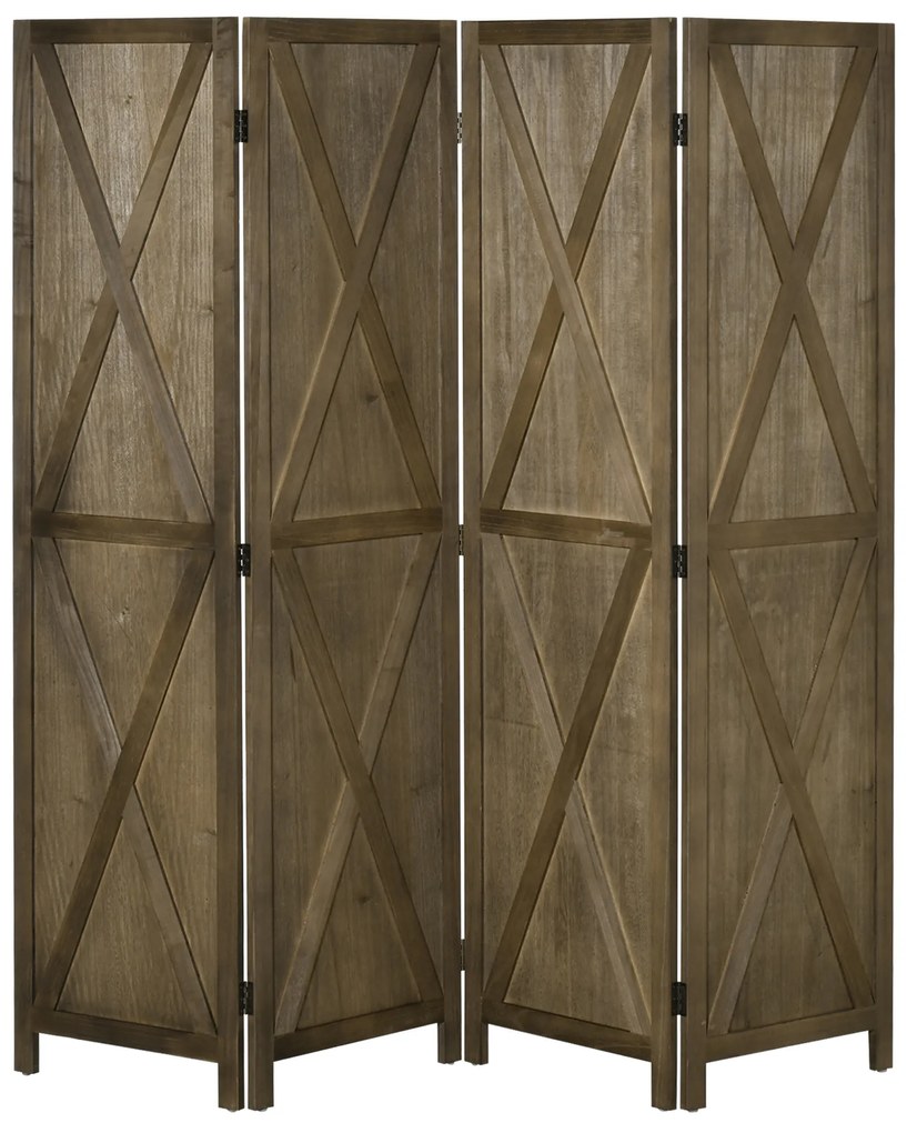 HOMCOM Paravan interior 4 Panouri 182L x 170H cm Stil rural elegant - separatoare de cameră cu cruciulite - Lemn de Paulownia Maro Gri | Aosom Romania