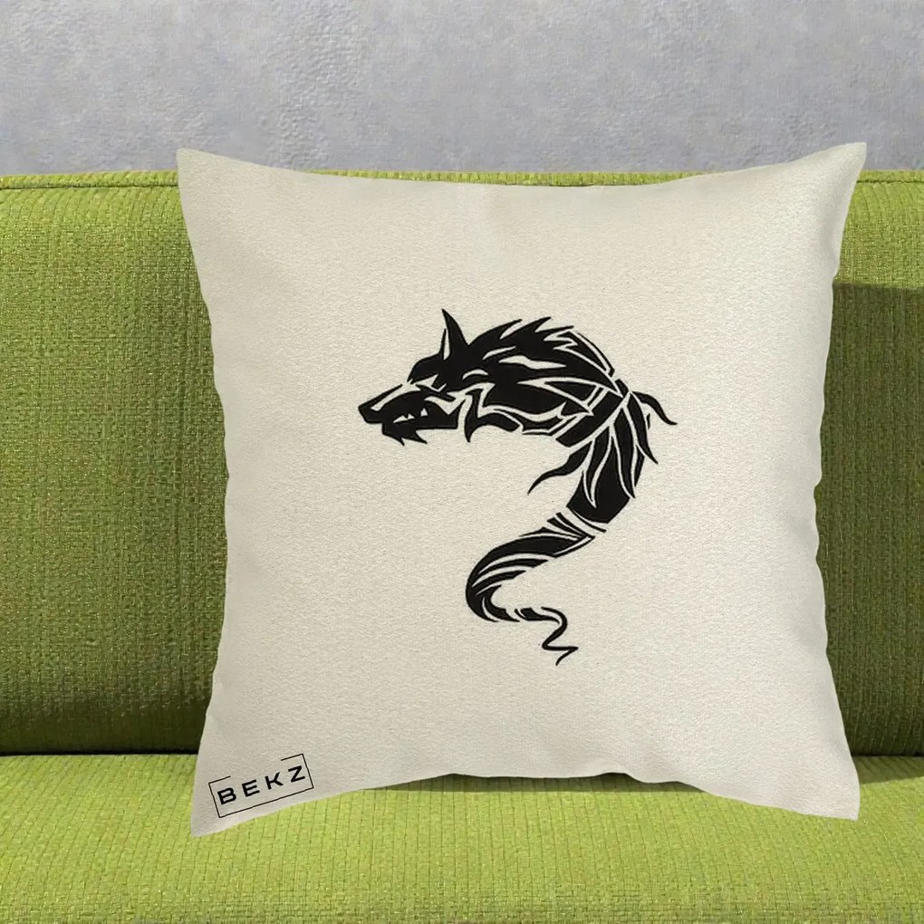 Perna Decorativa Lup Tribal Alb-Negru, 40x40 cm, Ecru, Husa Detasabila, Perna Inclusa, BEKZ®