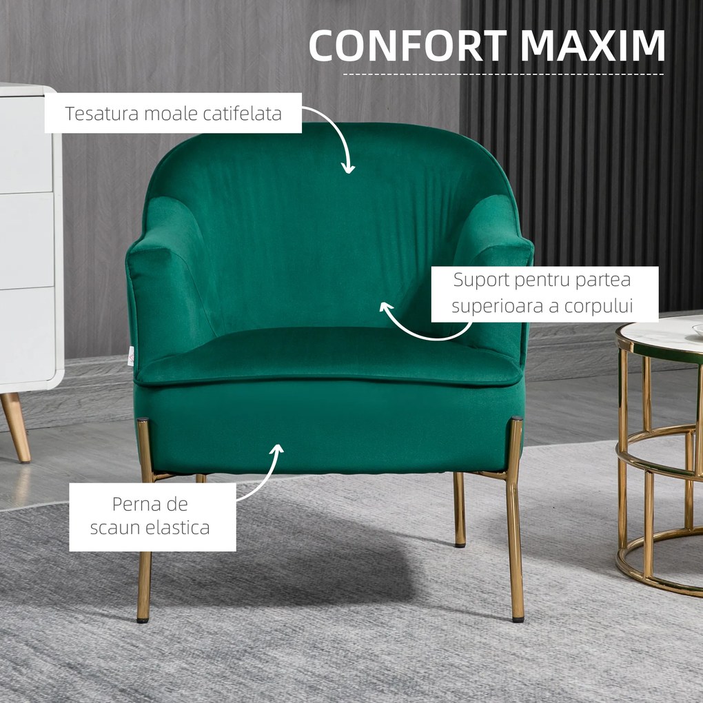 Fotoliu dormitor din material textil cu efect catifea cu picioare din otel auriu, 62x69x75 cm, verde HOMCOM | Aosom Romania