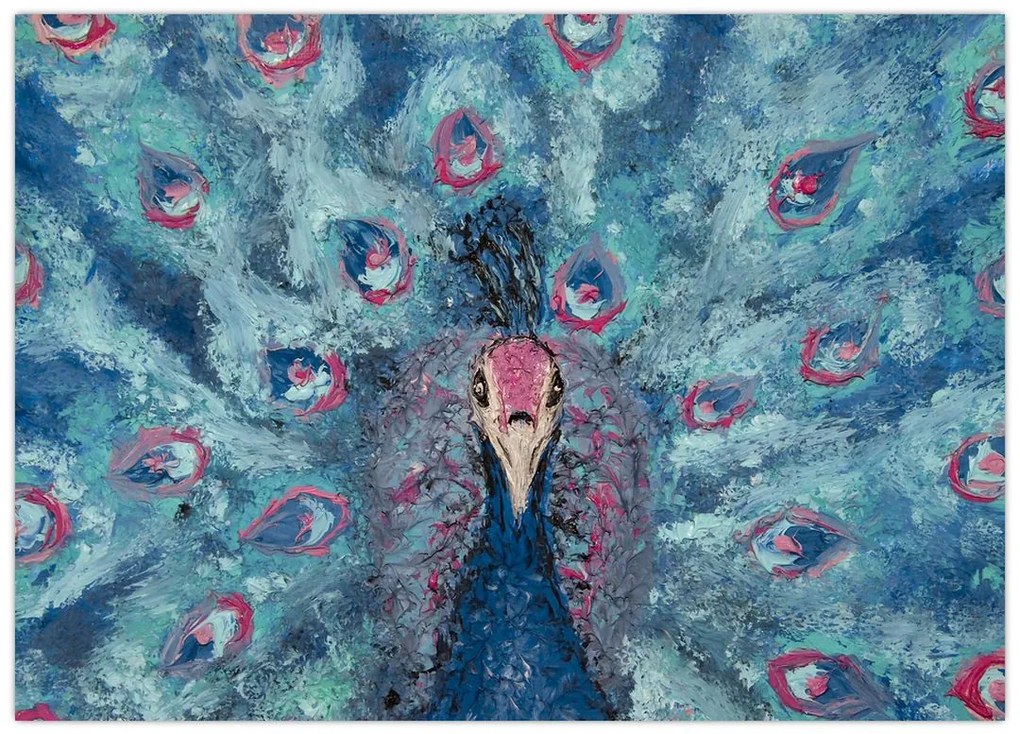 Tablou pe sticlă cu păun pictat (70x50 cm)