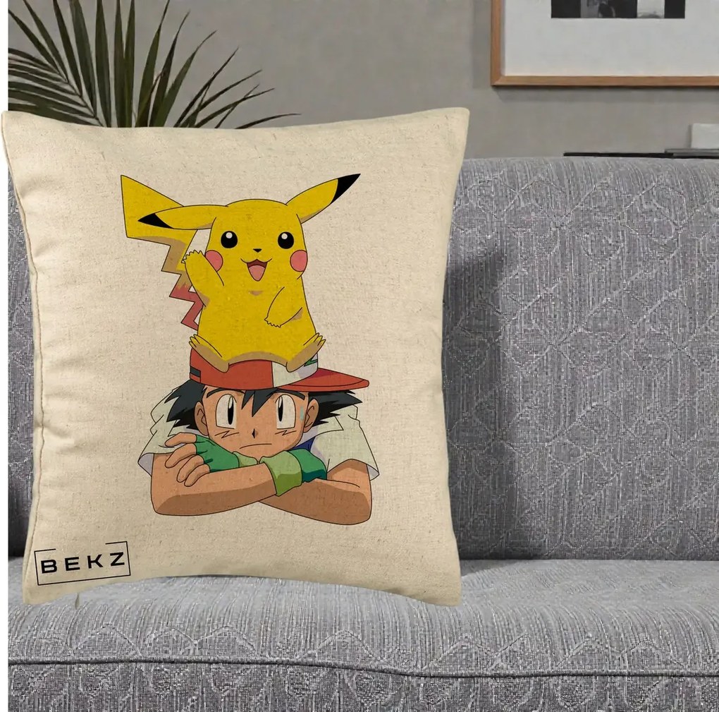 Perna Personalizata Ash si Pikachu, 40x40 cm, Bej, Husa Detasabila, Perna Inclusa, BEKZ®