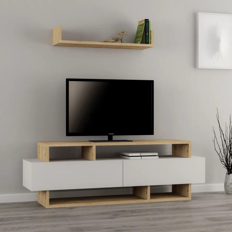 Set Comoda TV si Raft de Perete Rela, Alb / Stejar