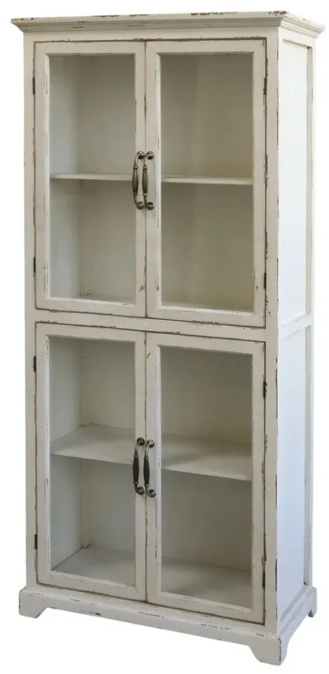 Vitrină alb antichizat, cu 4 uși din sticlă, aspect vintage