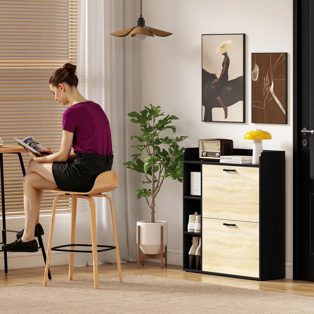 HOMCOM Dulap pentru pantofi slim cu 2 sertare și 3 compartimente deschise, Capacitate 15 perechi, 83x24x90.5 cm, Negru | Aosom Romania