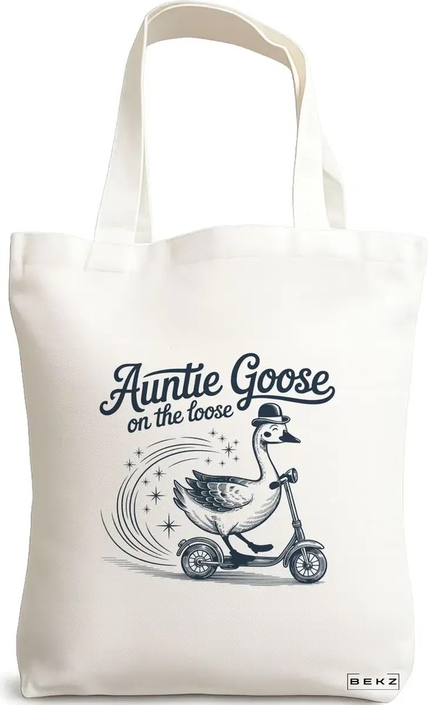 Sacosa de Panza pentru Cumparaturi, Geanta Tote, model Auntie Goose on the loose 38 x 34.5 cm, Alba, BEKZ®