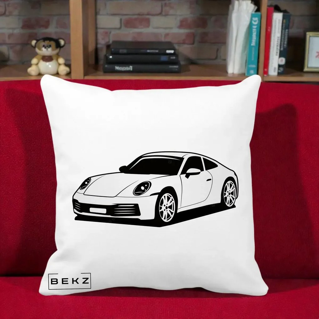 Perna Personalizata Porsche 911 Silueta, 40x40 cm, Alba Mata, Husa Detasabila, Perna Inclusa, BEKZ®