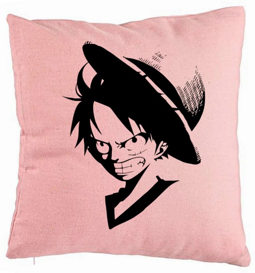 Perna Decorativa cu One piece Luffy Black, 40x40 cm, Roz, Husa Detasabila, Burduf