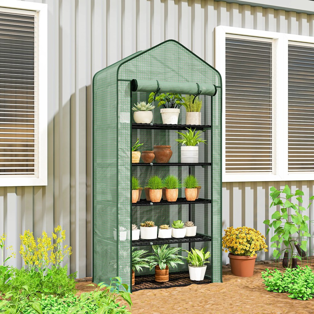 Outsunny Seră Mini pe 5 Niveluri cu Husă Ranforsată, Seră Portabilă cu Ușă Rulabilă și Rafturi de Sârmă, 193x90x49 cm, Verde | Aosom Romania