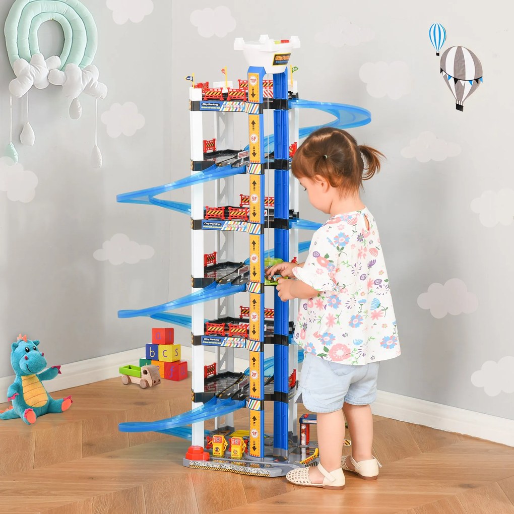 HOMCOM Garaj Jucarie cu 7 Niveluri cu Rampe si Masinute, Ascensor cu Lumini si Sunete, Varsta 3-6 Ani, 64x59x113cm, Multicolor