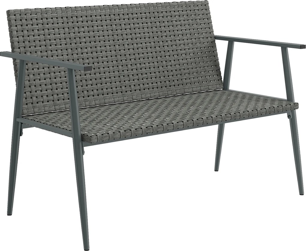 Outsunny Bancă de grădină 2 locuri din rășină împletită și oțel, cu cotiere, spătare și picioare reglabile, 110x58x78cm, gri | Aosom Romania