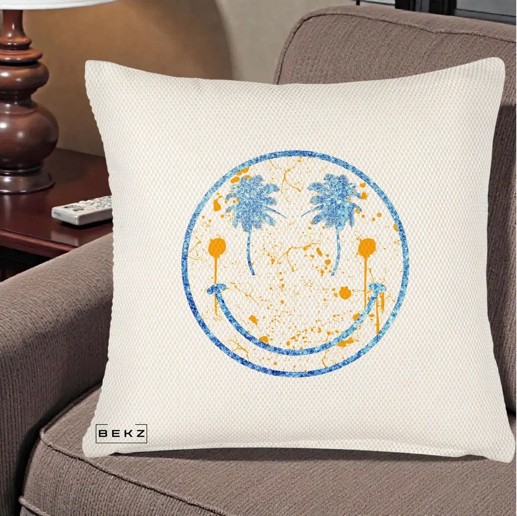 Perna Decorativa Smiley Face Tropical Albastru Glitter si Portocaliu, 40x40 cm, Crem Reliefat, Husa Detasabila, Perna Inclusa, BEKZ®