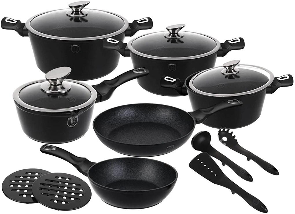 Set oale si tigai marmorate 15 piese, cu capace, antiaderente, cu ustensile de bucatarie, Flameguard Line Berlinger Haus BH 1474N