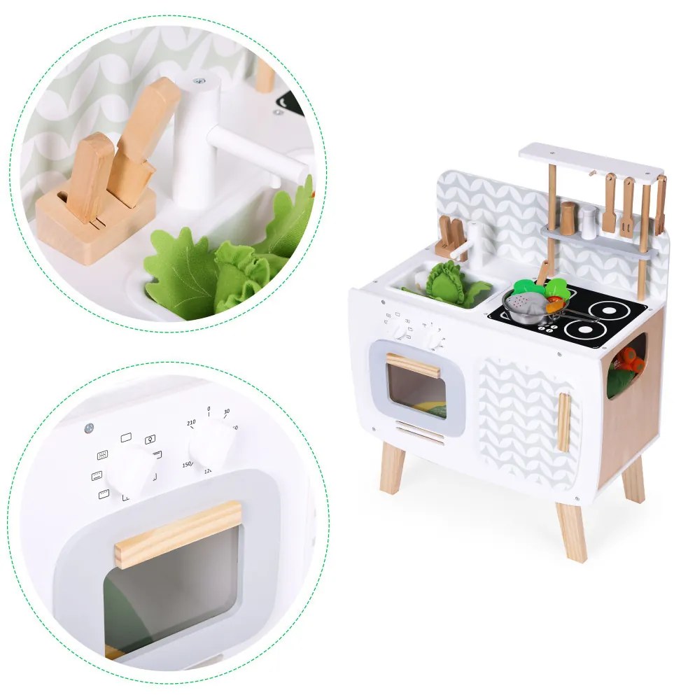 Bucătărie din lemn pentru joacă cu cuptor, chiuvetă și accesorii de bucătărie