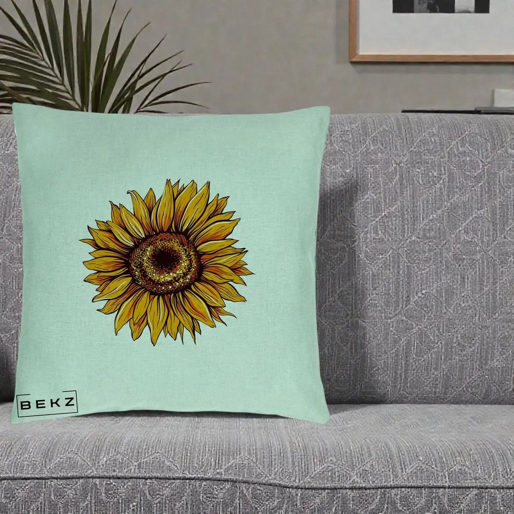 Perna Decorativa Floarea Soarelui Vibranta, 40x40 cm, Verde Menta, Husa Detasabila, Perna Inclusa, BEKZ®