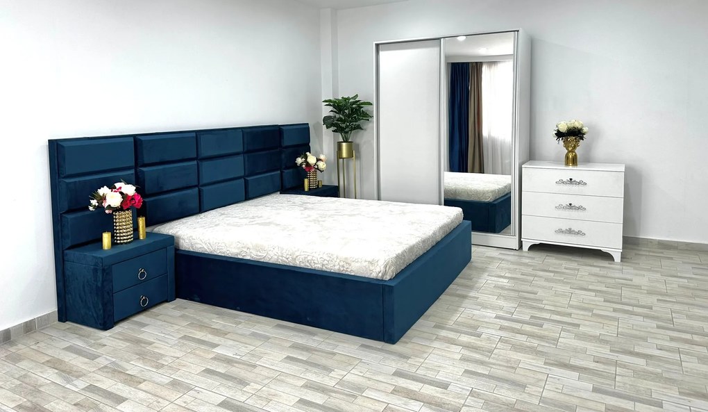 Dormitor complet Roma, culoare albastru / alb, cu pat Roma 160 x 200 cm, dressing Erika, 2 noptiere Roma si comoda Viena