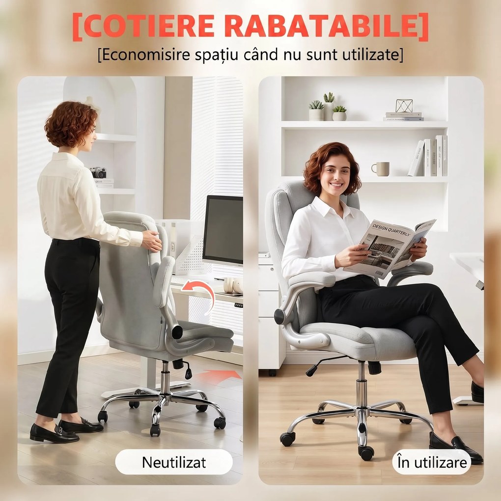 Scaun Ergonomic HOMCOM, Spătar Înalt, Tapițat în Catifea Imprimată, Cotiere Rabatabile, Alb Crem | Aosom Romania