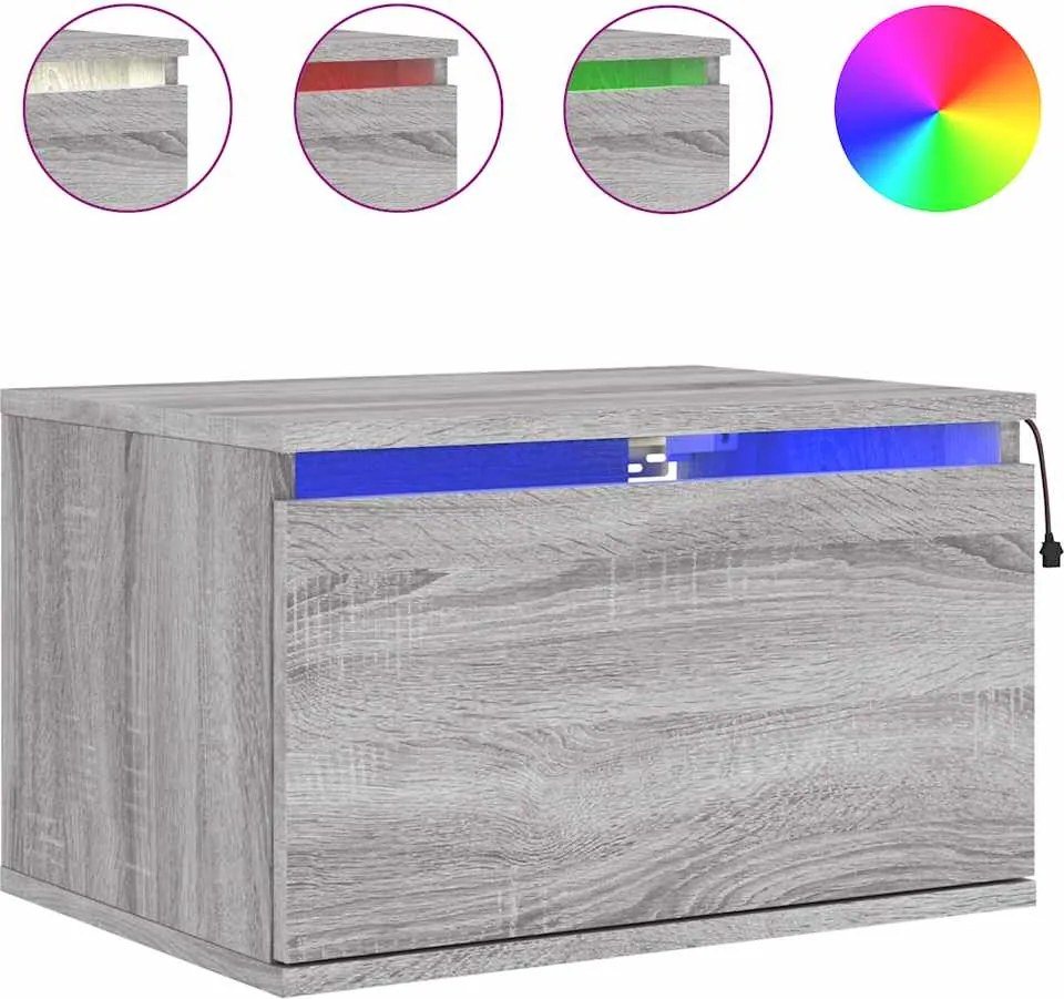 vidaXL Noptieră montată pe perete cu lumini LED, sonoma gri