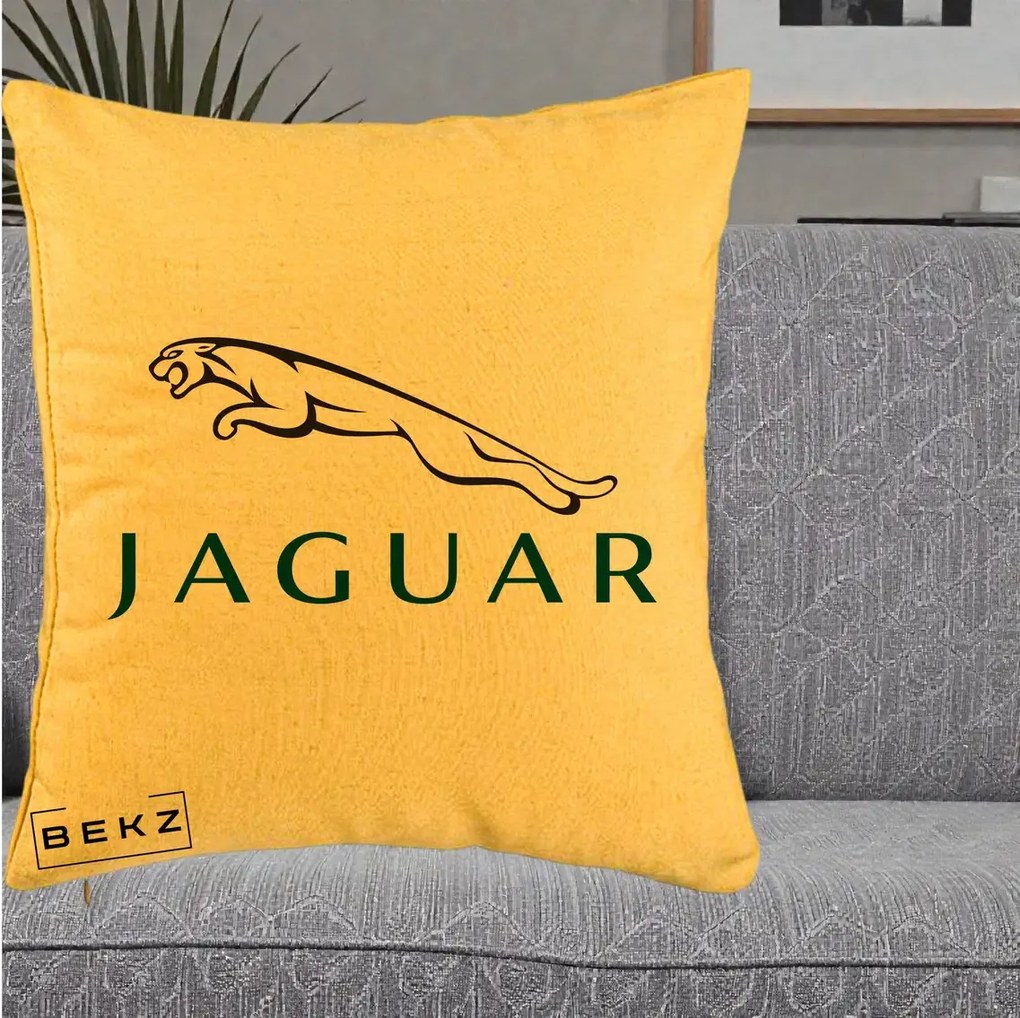 Perna Personalizata cu emblema Jaguar, 40x40 cm, Galben, Husa Detasabila, Perna Inclusa, BEKZ®