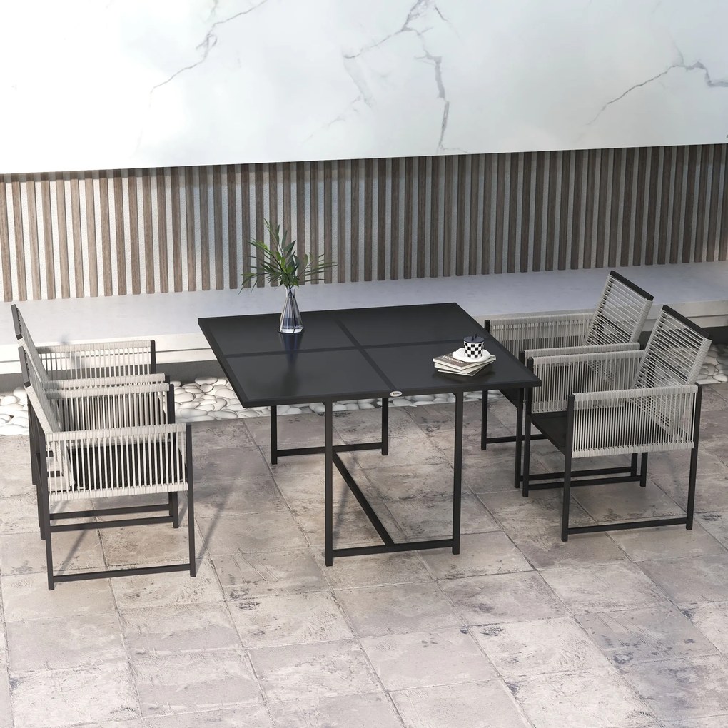 Outsunny Salon de grădină set masă și scaune cu 1 masă de dining și 4 scaune spătar pliabil tavă sticlă securizată | Aosom Romania