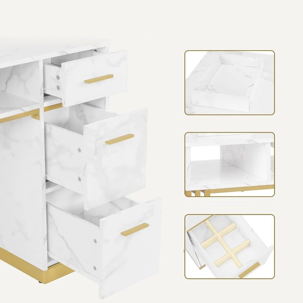 MANIAU201 - Masuta manichiura, 112 cm, cu aspirator incorporat, masa cosmetica - Alb - Imitatie de marmura - Auriu