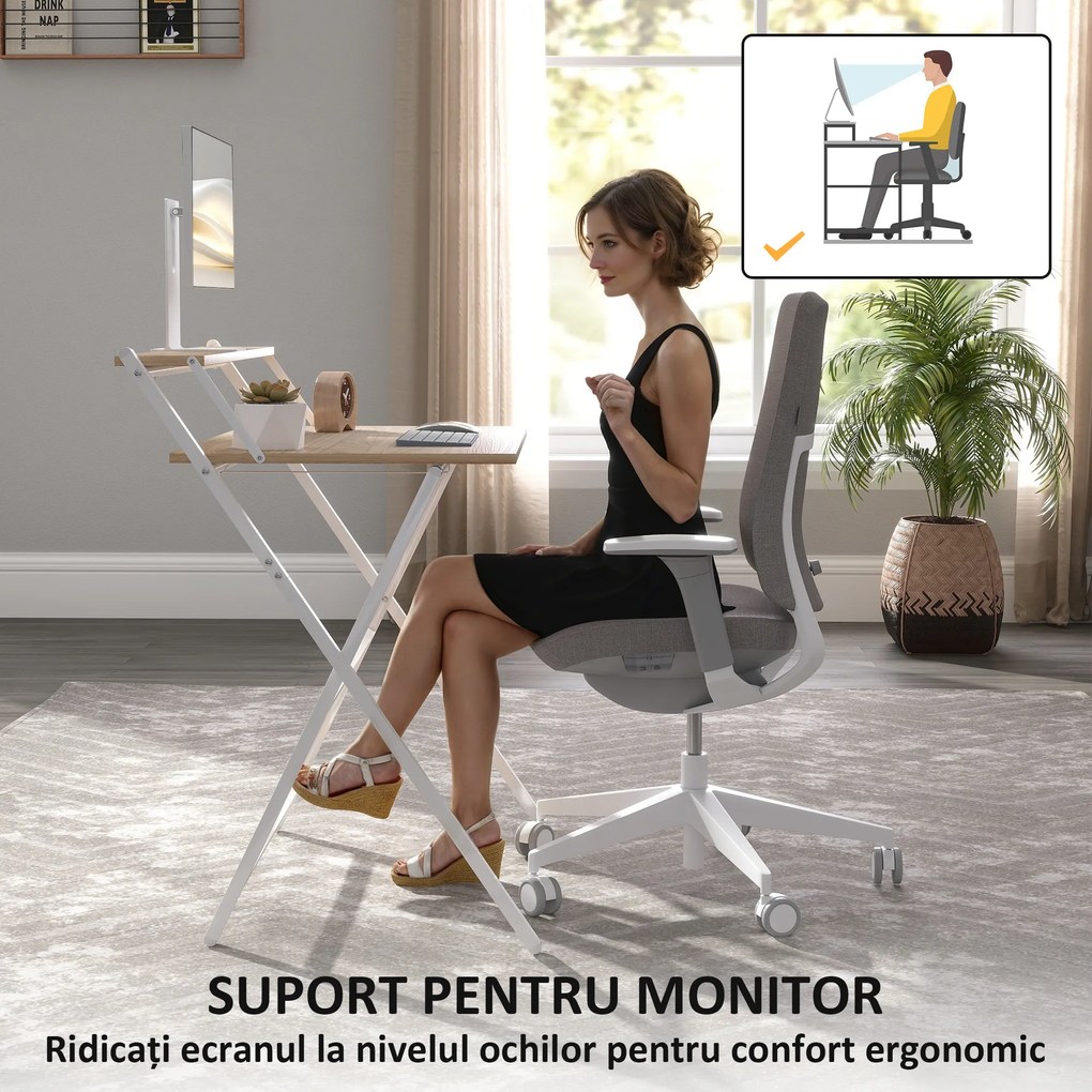 Birou HOMCOM pliant compact, suport monitor, lemn natural | Aosom Romania