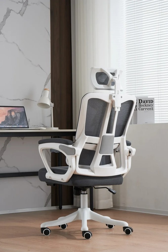 Scaun ergonomic cu suport lombar, tetieră reglabilă, suport pentru picioare, pivotant, Mesh, Alb/Gri