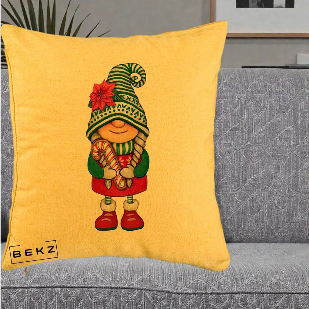 Perna Decorativa Gnom Craciun Verde cu Bomboane si Floare, 40x40 cm, Galben, Husa Detasabila, Perna Inclusa, BEKZ®
