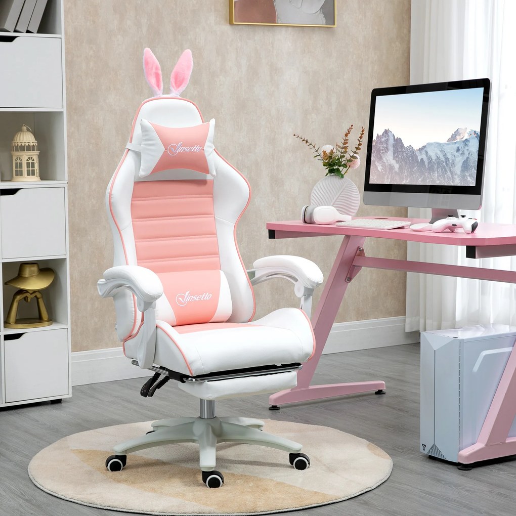 Vinsetto Scaun de Gaming Ergonomic cu Urechi de Iepure și Suport pentru Picioare Extensibil, 65x63x136-142 cm, Roz | Aosom Romania