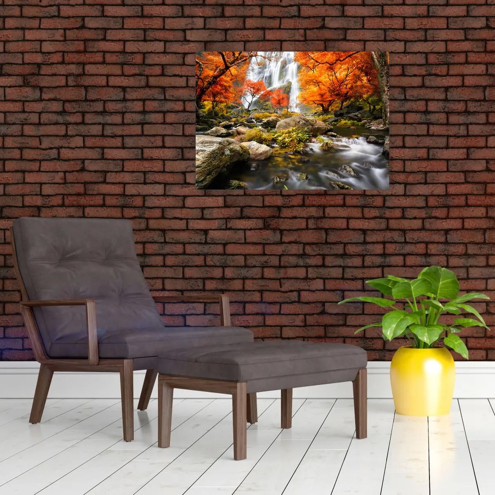 Tablou pe sticlă - Cascade în peisaj de toamnă, portocaliu (70x50 cm)