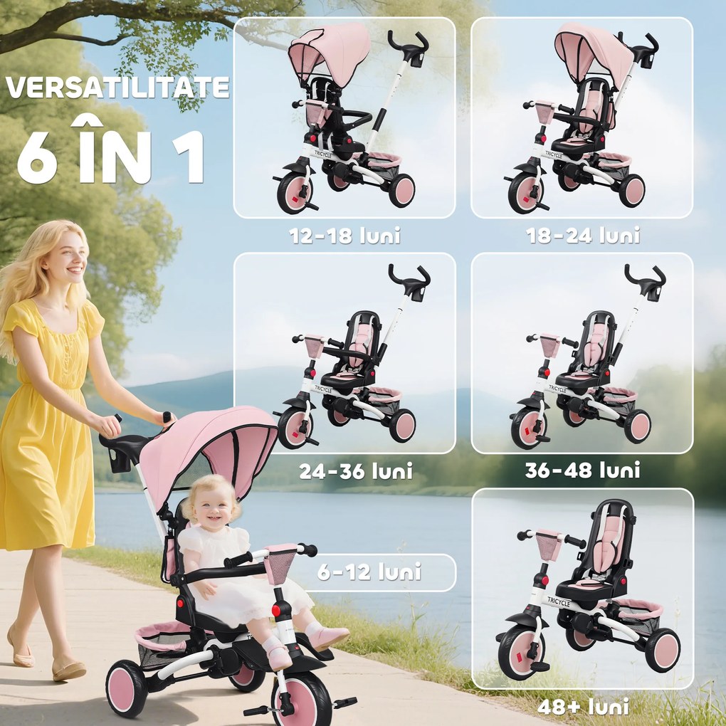 AIYAPLAY Tricicletă 6 în 1 pentru Copii, cu Mâner Parental și Scaun Rotativ, 111,5x52x98 cm, Roz | Aosom Romania
