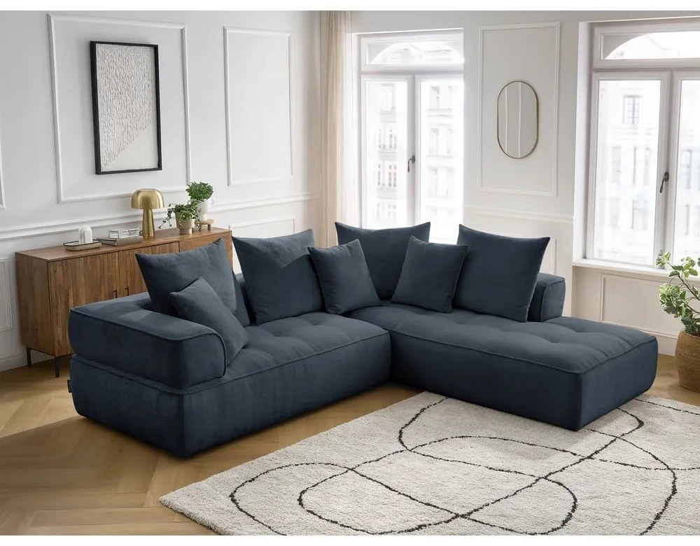 Colțar albastru închis cu tapițerie din chenille (cu colț pe partea dreaptă/în formă de ”L”) Whesley – Bobochic Paris