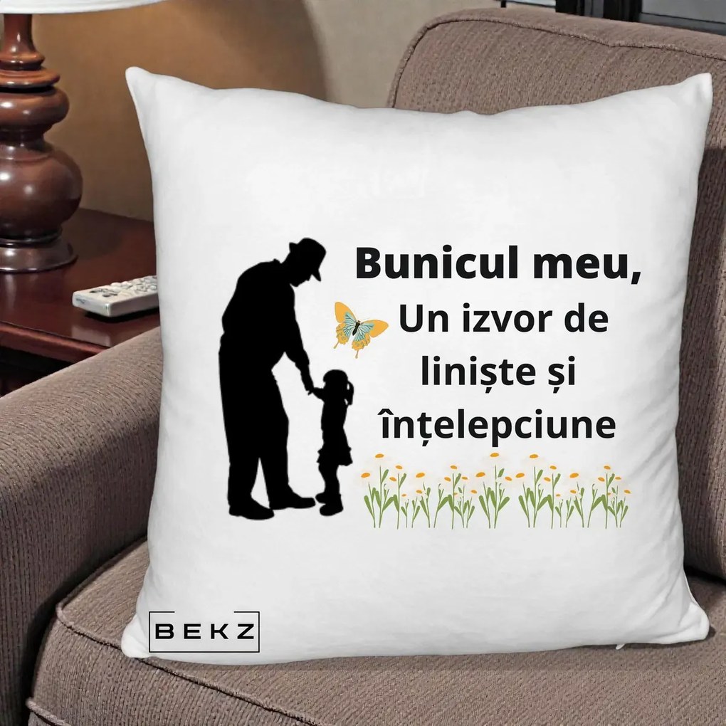 Cadou pentru Bunic - Perna Personalizata Bunicul Meu Izvor de Liniste cu Fluture si Fetita, 40x40 cm, Alb Pufos, Husa Detasabila, Perna Inclusa, BEKZ®