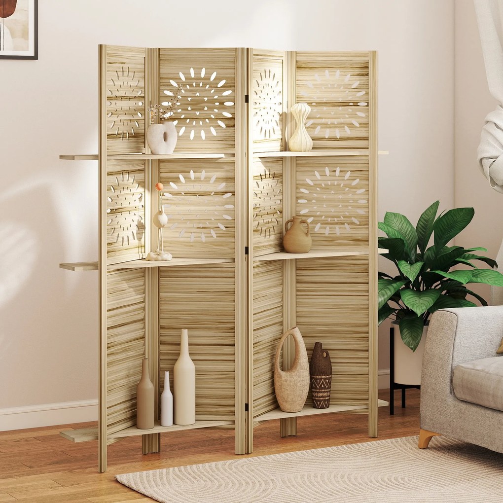 HOMCOM Paravan interior 4 panouri și 3 rafturi, 160 x 170 cm, separator de cameră pliabil, lemn de paulownia, lemn natural | Aosom Romania