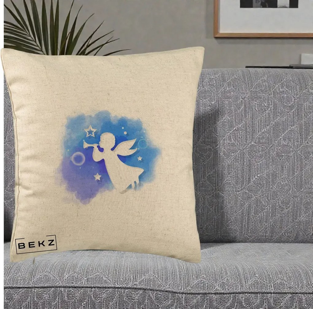 Perna Decorativa Inger cu Trompeta Albastru, 40x40 cm, Bej, Husa Detasabila, Perna Inclusa, BEKZ®