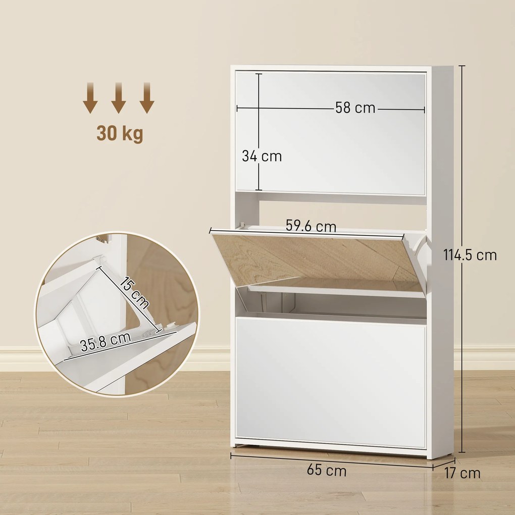 HOMCOM Dulap de Pantofi cu Oglindă și 3 Sertare Rabatabile 65x17x114.5 cm Alb | Aosom Romania