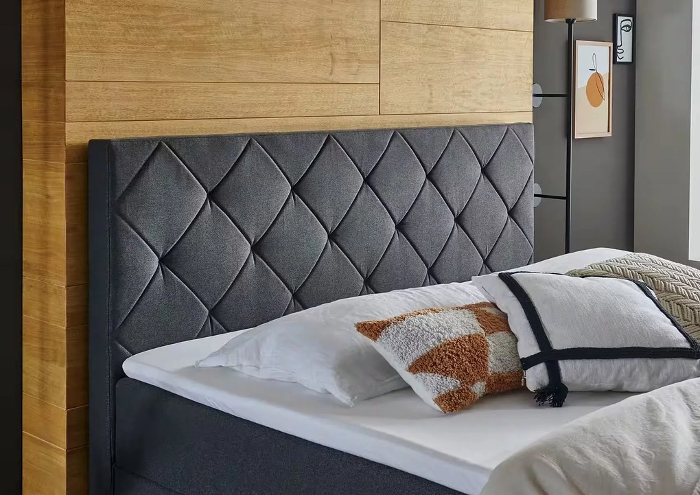 Boxspring 180x200 cm, lada de depozitare, saltele și topper inclus, culoare gri antracit, material țesătură, cu picioare înalte