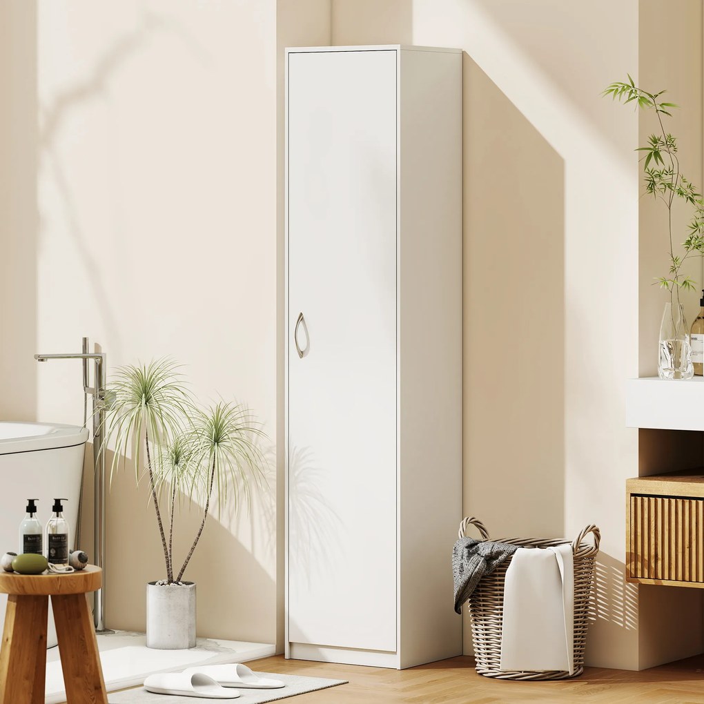 HOMCOM Dulap de Bucătărie Înalt Slim 180 cm, Mobilier cu 5 Rafturi și Ușă Soft Close, Anti-Răsturnare, Rafturi Reglabile, Mobilier Modern pentru Bucătărie, Alb | Aosom Romania