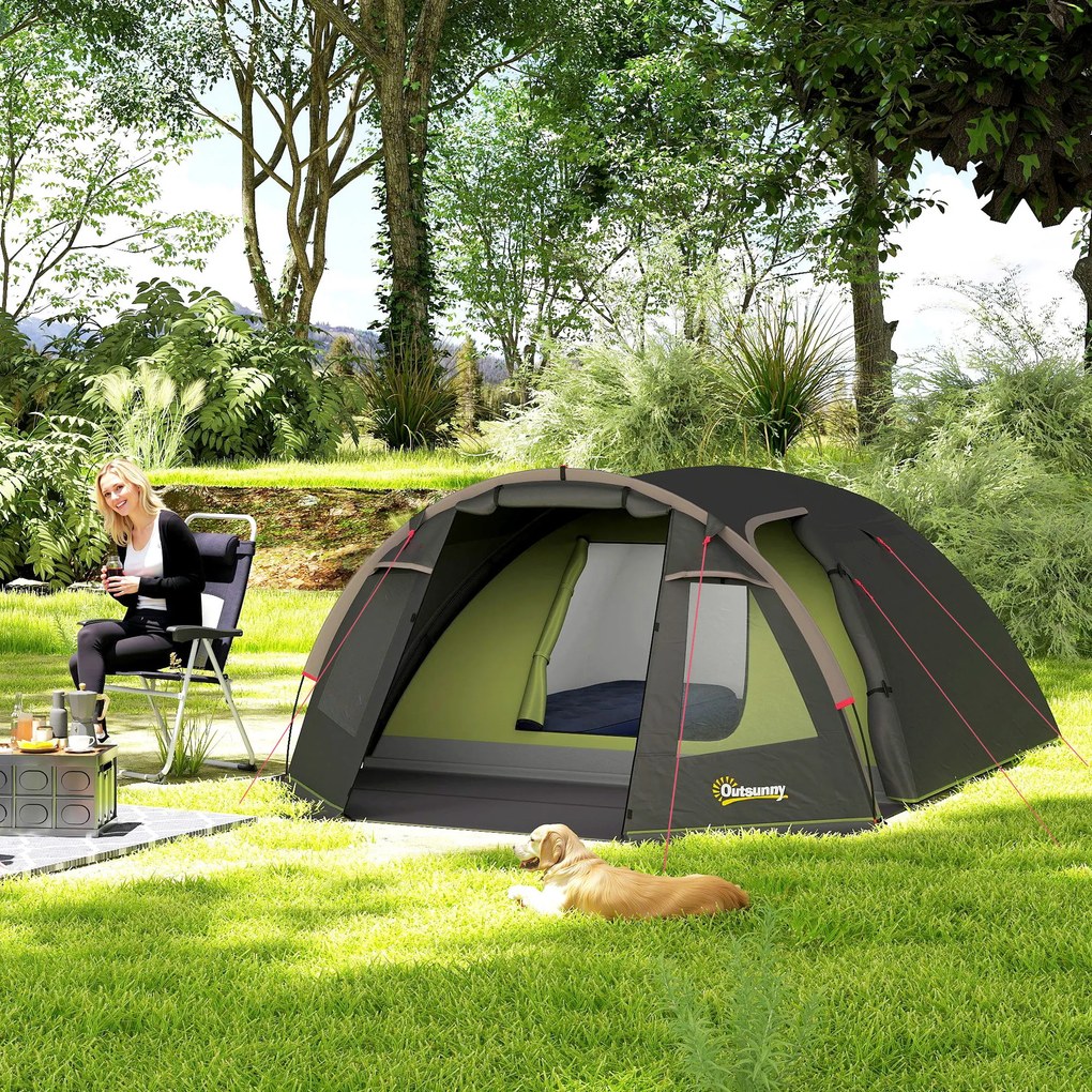 Outsunny Cort de camping familial pentru 2-4 persoane, cort tunel impermeabil 3000 mm 3 uși, 3,6 x 2,5 x 1,3 m, negru | Aosom Romania